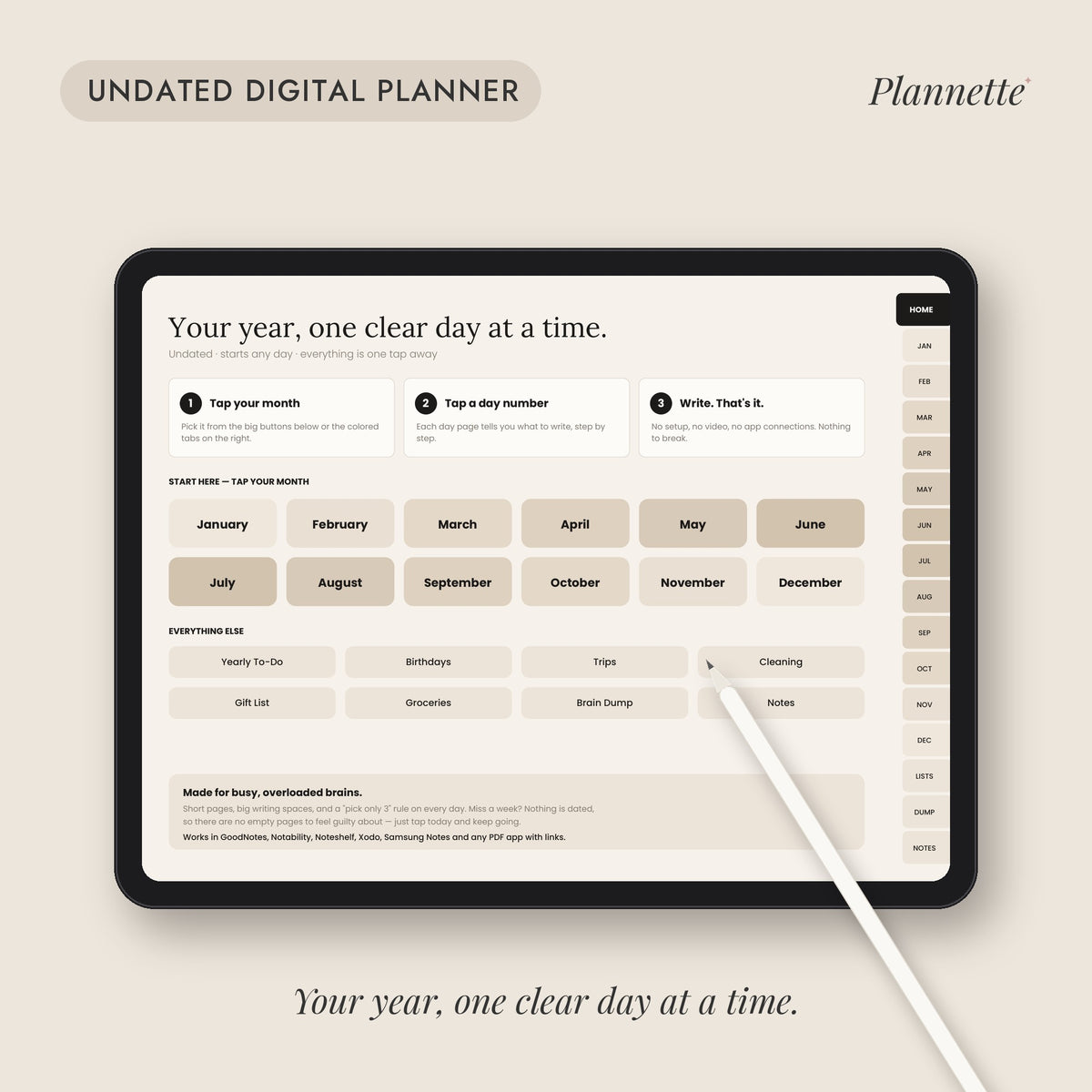 Plannette undated digital planner home dashboard on a tablet