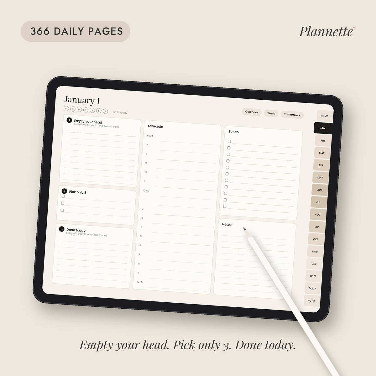 Daily page with brain dump, pick-3 priorities and hourly schedule