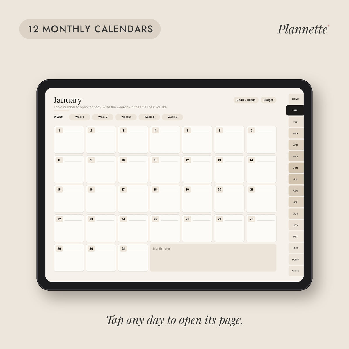 Monthly calendar with tap-to-open day links