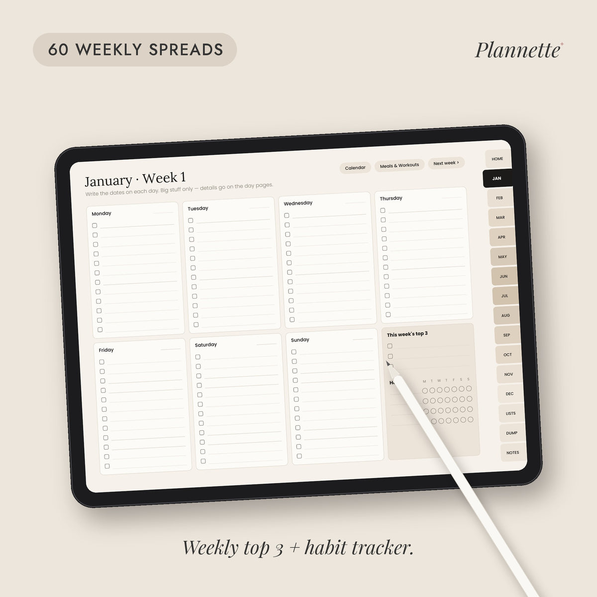 Weekly spread with weekly top 3 and habit tracker