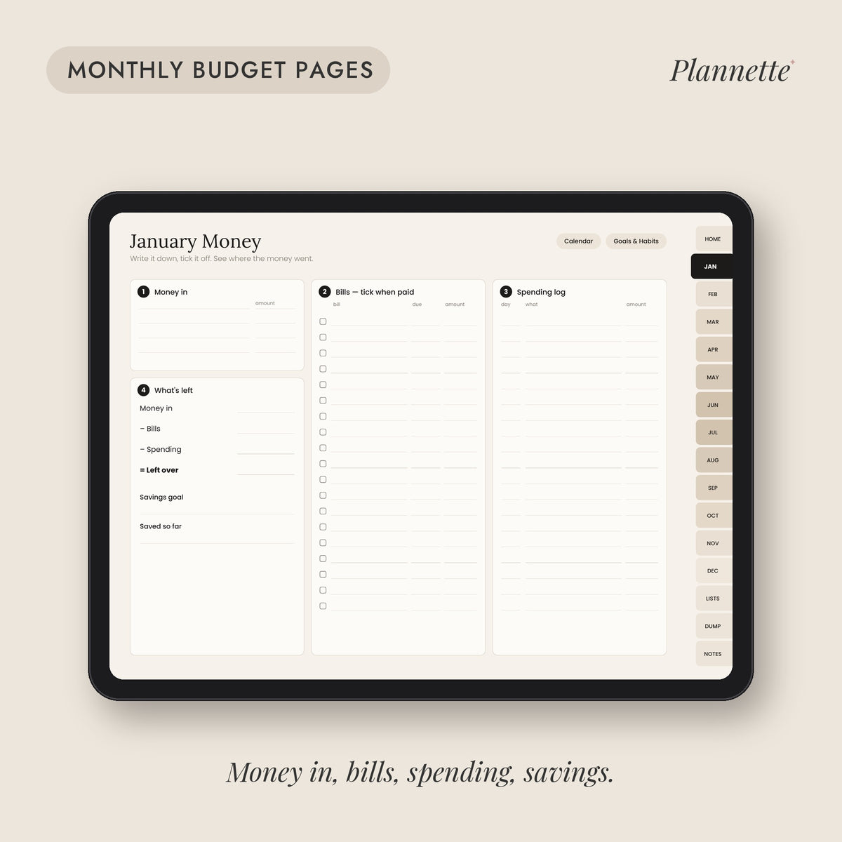 Monthly budget page: money in, bills, spending and savings