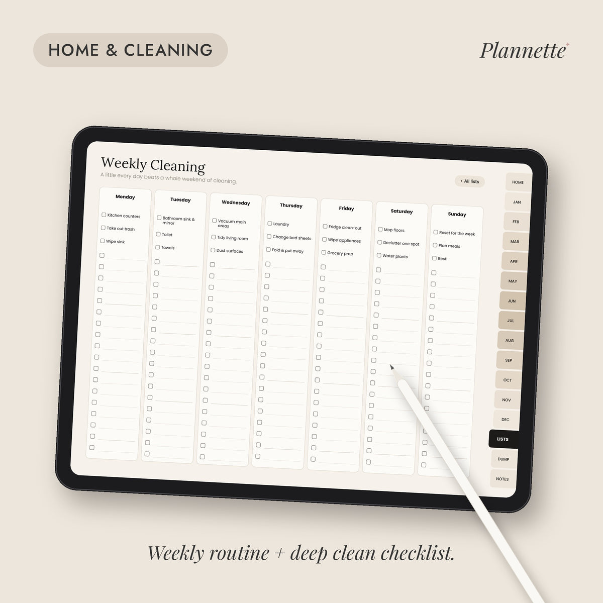 Weekly cleaning routine and deep clean checklist